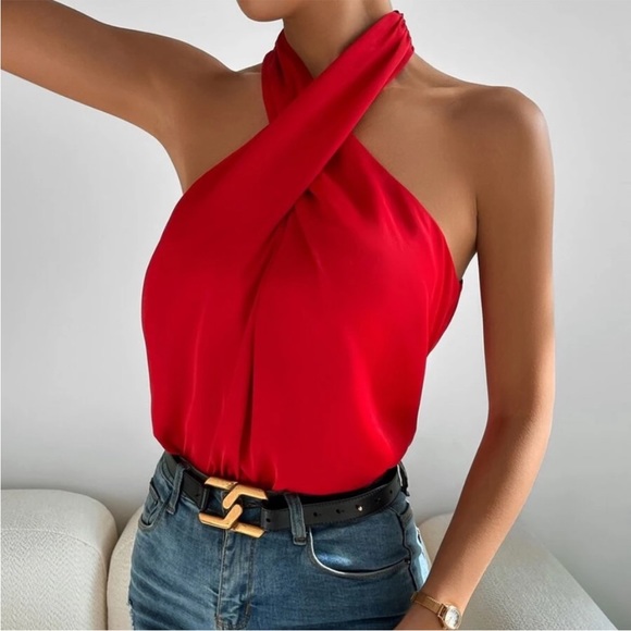 Vibrant Red Halter Tank Top XS S M L - Picture 2 of 4
